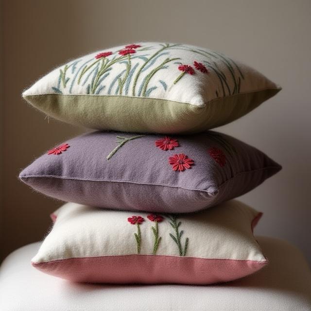 Dekorputer i ull med håndbroderte detaljer