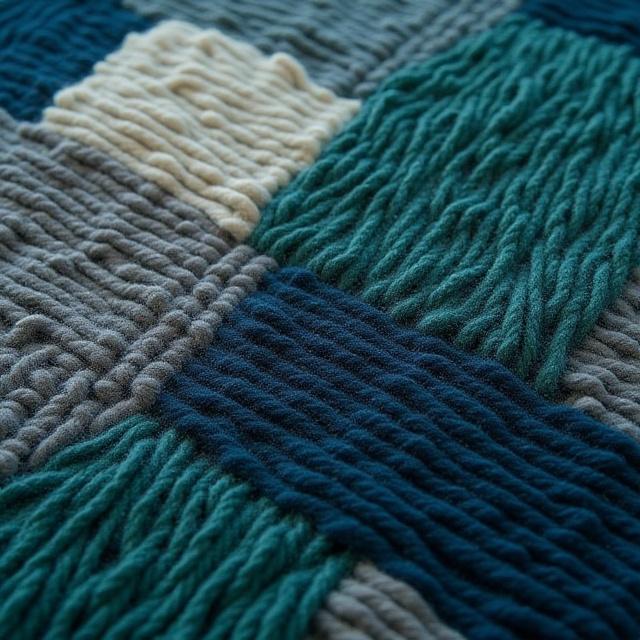 Nærbilde av et håndknyttet ullteppe med geometrisk mønster
